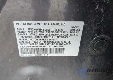 2017 Honda Pilot Elite z USA, uszkodzony, nr VIN 5FNYF6H03HB087270